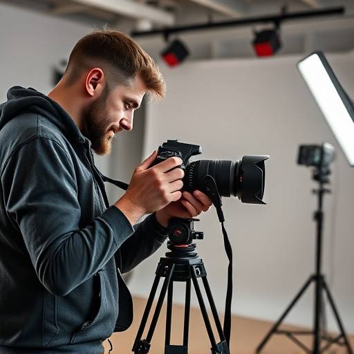 Photographe professionnelle prenant des photos en studio, utilisant un appareil photo reflex num√©rique