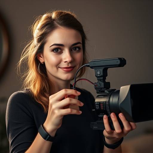 Portrait de Claire Rousseau, R√©alisatrice Vid√©o chez Lumi√®re Cr√©ative, tenant une cam√©ra professionnelle