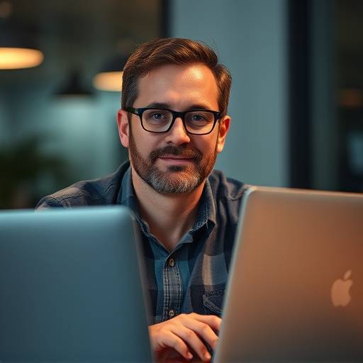 Portrait de Jean Dupont, D√©veloppeur Web Senior chez Lumi√®re Cr√©ative, travaillant sur un ordinateur portable